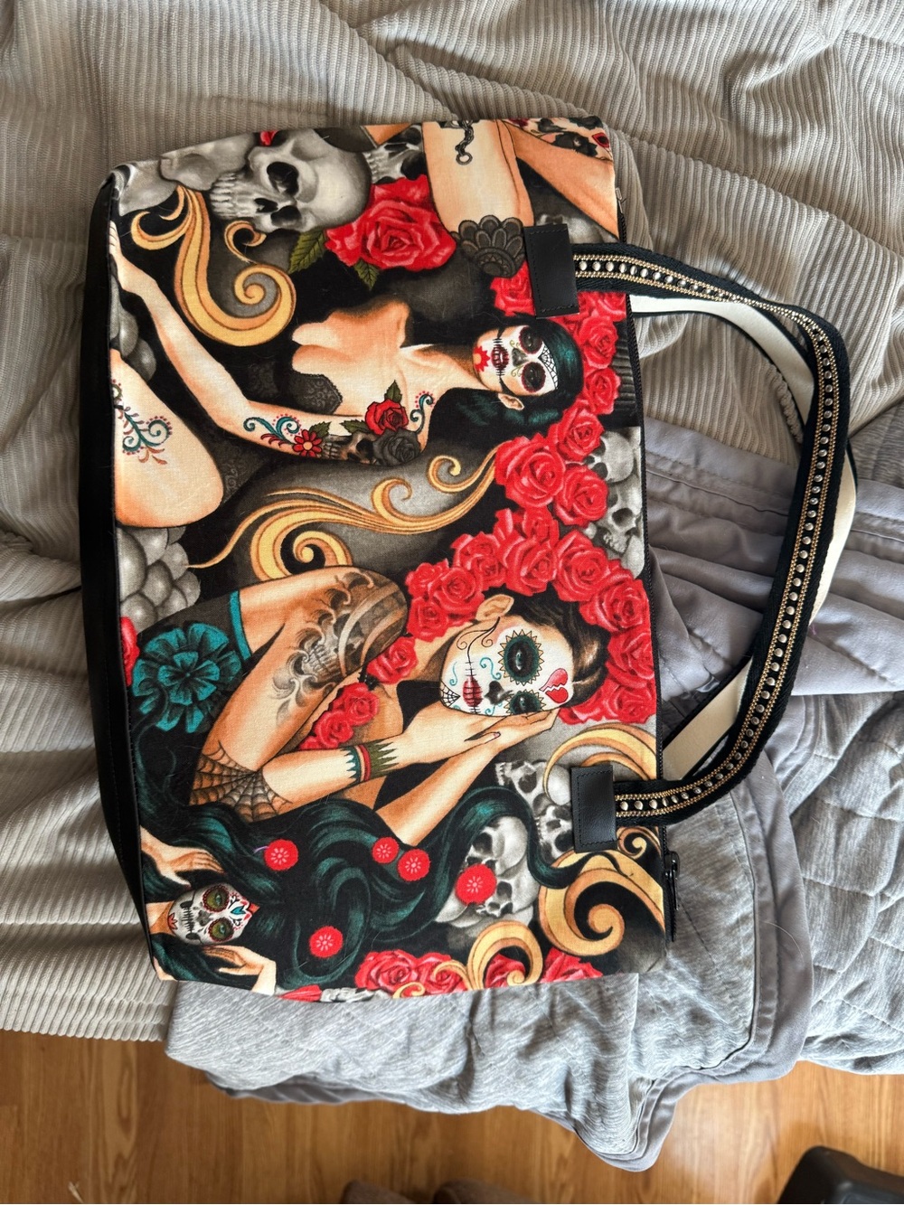 Floral Day of the Dead Tote Bag - Black & Red